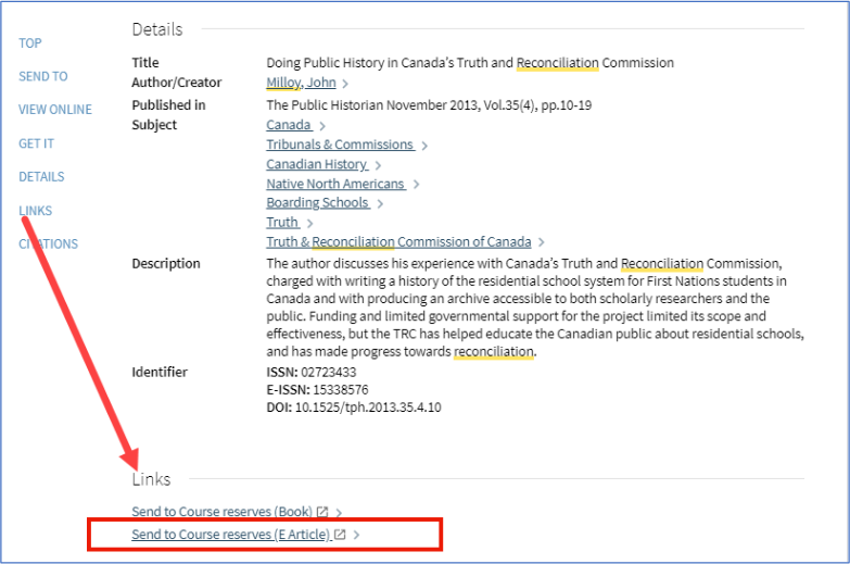Screen capture of the library catalogue showing a detailed item record for a journal article and the "Send to Course reserves (E article)" option under Links.