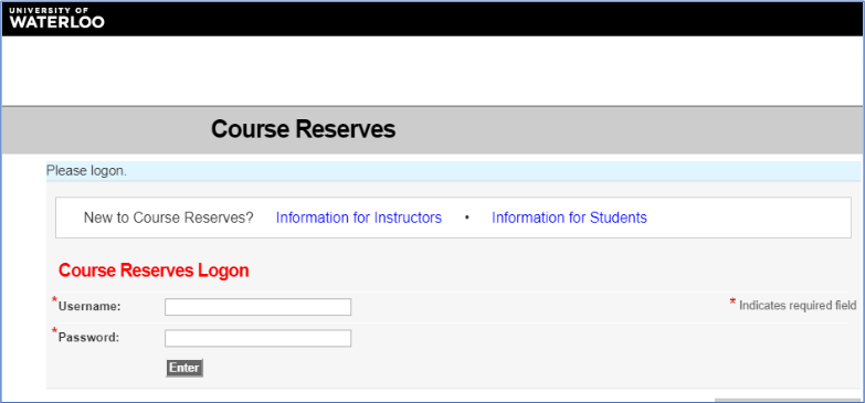 Screen capture of the Course Reserves login page.