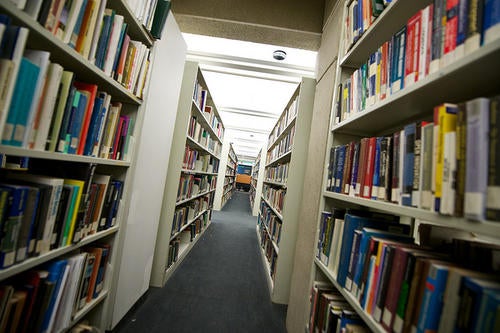 A view of the book stacks in Davis Centre Library.
