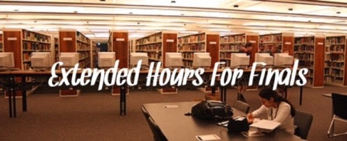 Extended hours text overlaying an image of study carrels.