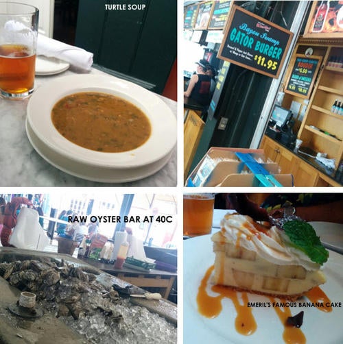 A collection of images that depict the local foods of New Orleans, LA, including turtle soup, gator burgers, raw oyster bar, and Emeril's famous banana cake.