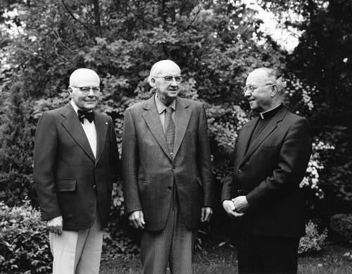 Black and white image of three founding members of the University of Waterloo.