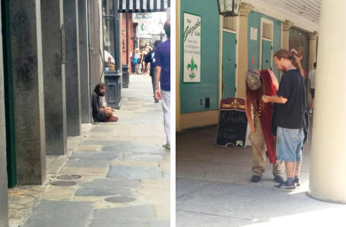 Two images showing homeless men living on the streets of New Orleans, LA.