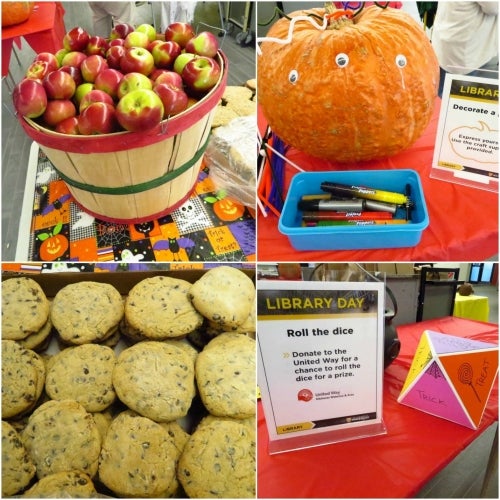 A collage of treats and activities, including apples and cookies, a decorated pumpkin, and roll the dice for United Way.