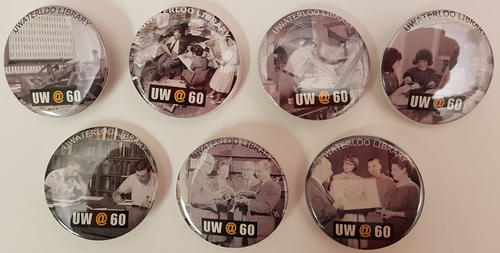 Seven buttons with images from the last 60 years at University of Waterloo.