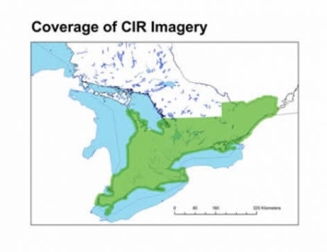 image shows coverage within southwestern ontario of the colour infrared imagery