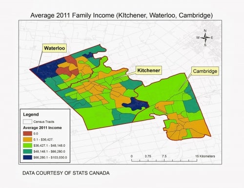 average 2011 income for Waterloo, Kitchener and Cambridge