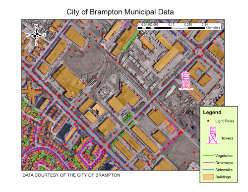 Municipal data map of Brampton shows building footprints, vegetation, driveways, sidewalks, light poles and towers
