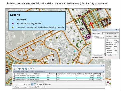 map of the university of waterloo campus shows address points and builing permit data