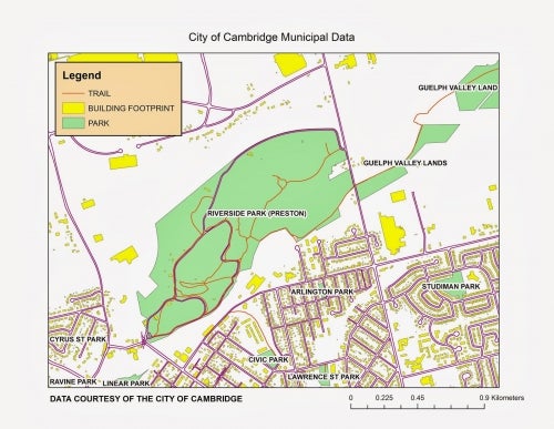 map of Cambridge neighbourhood shows roads, trails, building footprints and parks