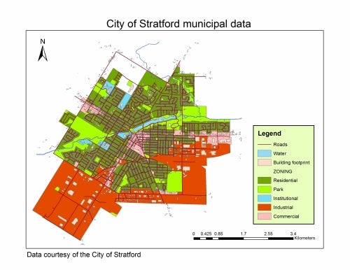 map of the City of Stratford shows zoning, road, building footprints and water