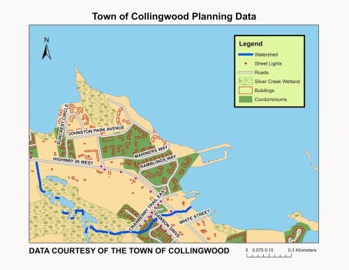 image shows watershed, street lights, roads, buildings, silvercreek wetland and condominiums in Collingwood
