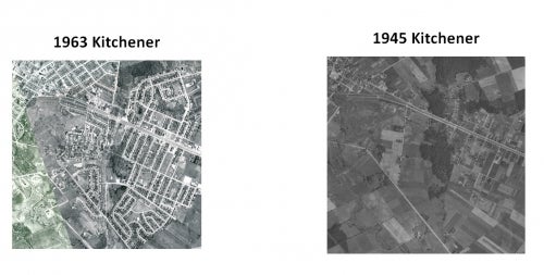 image shows comparison between 1945 and 1963 images of Kitchener