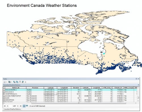 map of canada shows Environment Canada weather stations