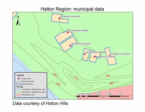 Map showing contours, address points, building footprints and zoning in Halton Region.