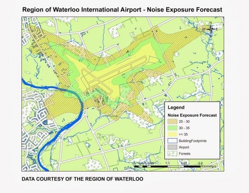 map shows waterloo district airport and noise exposure forescast extending out from the runway