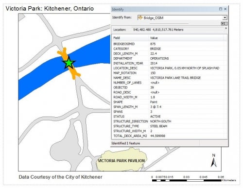 map shows Victoria Park pavilion and foot bridge, in Kitchener, Ontario