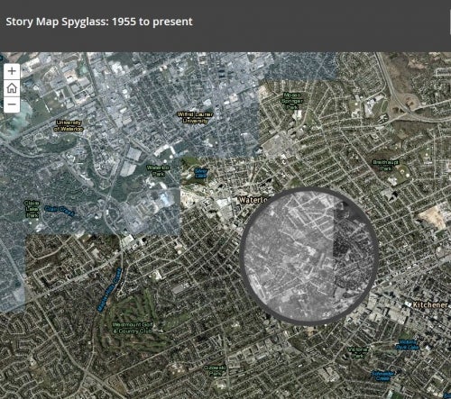 present day aerial photography of Kitchener, Ontario shows spyglass of 1955 image
