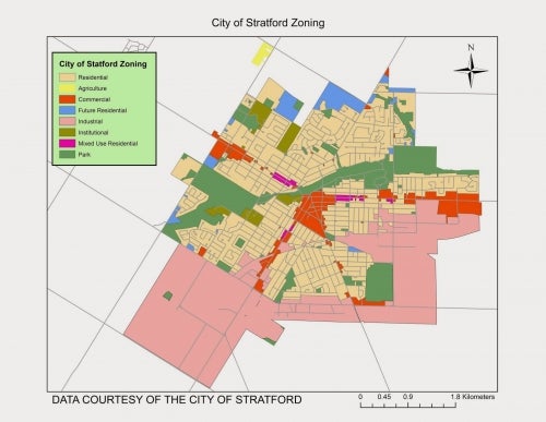 City of Stratford zoning map showing residential, agriculture, commercial, future residential, industrial, institutional, mixed use residential and parks