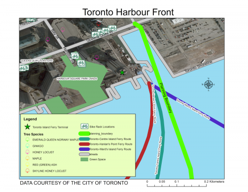 map shows toronto harbour front, with ferry terminal, routes, trees and bike racks