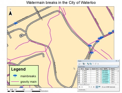 image shows watermain breaks at the main campus of the University of Waterloo