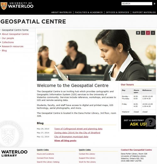 Image shows the main page of the Geospatial Centre website.