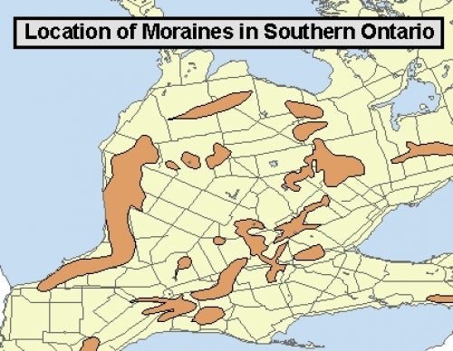 map shows location of moraines in Southern Ontario
