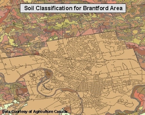 map shows different soil classes for Brantford area