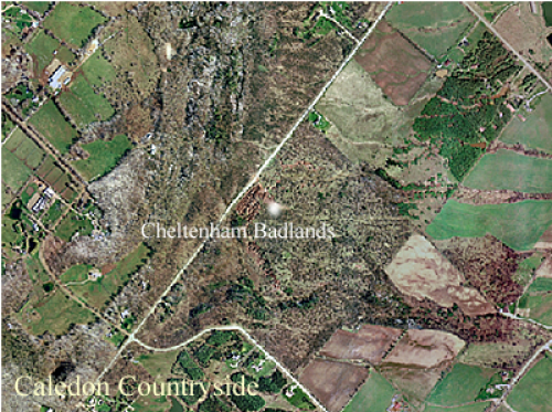2002 image shows cheltenham badlands, Caledon county