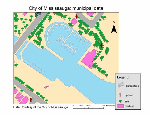 City of Mississauga municipal data, showing harbour, trees, hydrants and buildings
