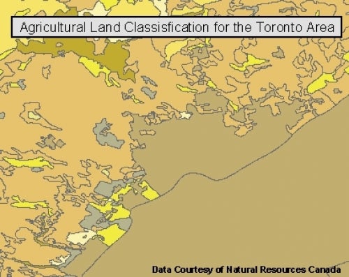 map shows agricultural land classification for the Toronto area
