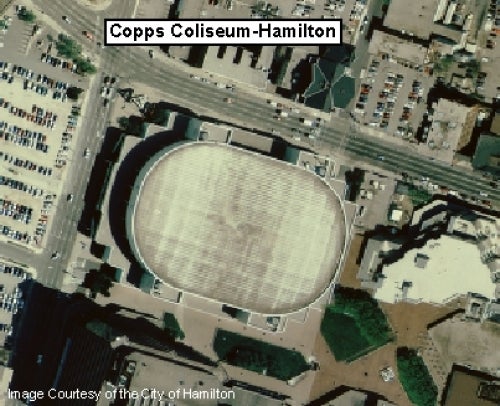 1999 image shows Copps Coliseum, downtown Hamilton