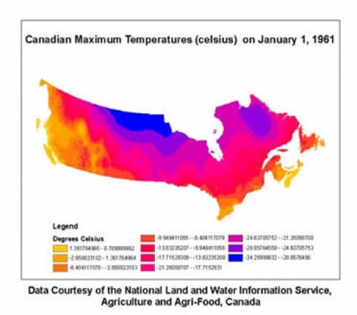 map of canada show maximum temperatures (celsius) on January 1, 1961