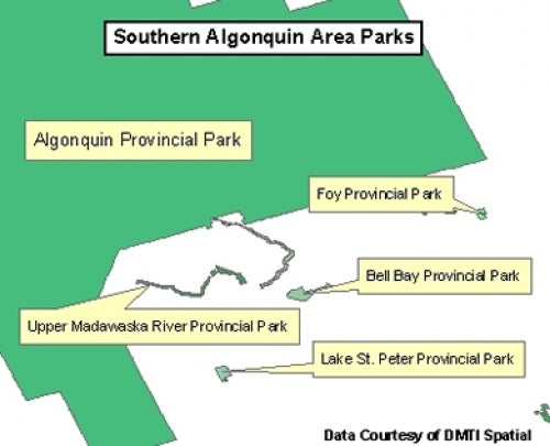 map shows southern Algonquin area parks