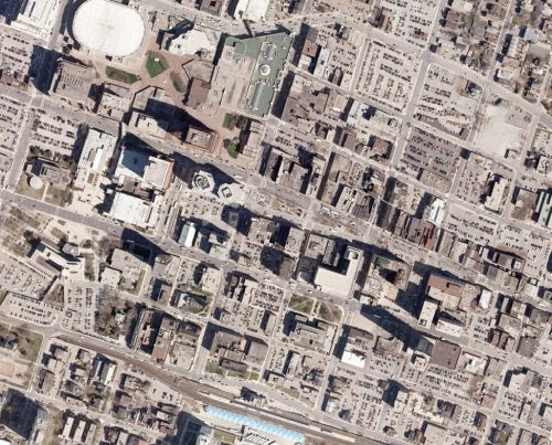 2007 imagery shows downtown Hamilton, including Copp's Coliseum
