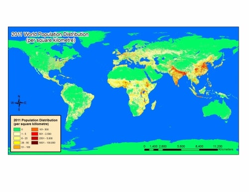 2011 world map shows population distribution (per square kilometre)