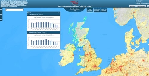 web mapping service (WMS) map shows population distribution within the United Kingdom