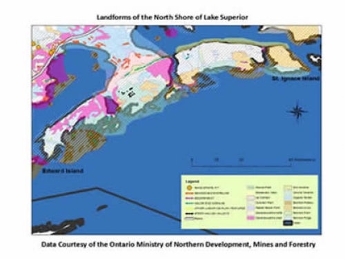 map shows example of landforms of the north shore of Lake Superior, using the Northern Ontario Engineering Geology Terrain Study data