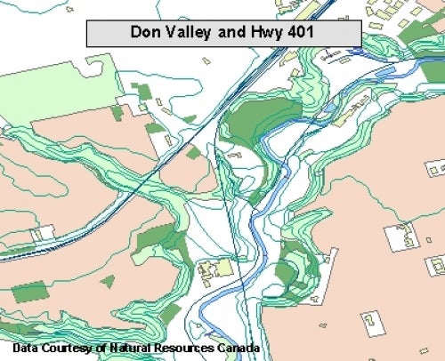 topographic map shows Don Valley and Highway 401, Toronto