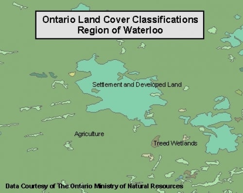 map shows Ontario land cover classifications for the Region of Waterloo