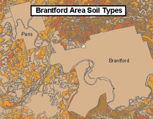 map shows Brantford area soil types