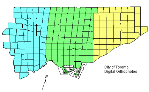 Toronto map shows extent of east, west and central indexes for 1997 imagery