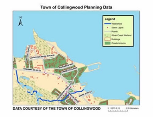 map of Collingwood shows buildings, watershed, street lights, roads, silver creek wetlands and condominiums