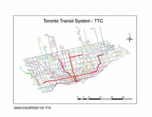 map shows Toronto transit system routes