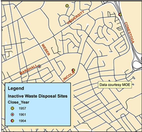 map shows inactive waste disposal sites in Ontario