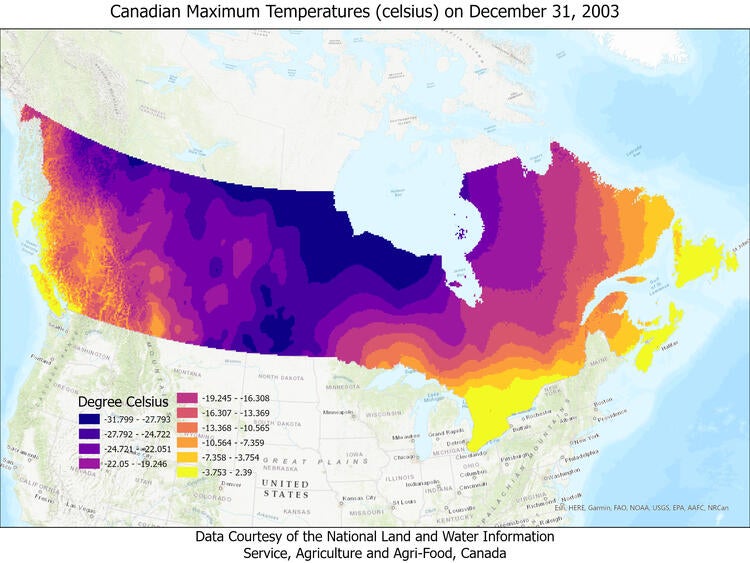 Canadian Maximum Temperatures (celsius) on December 31, 2003