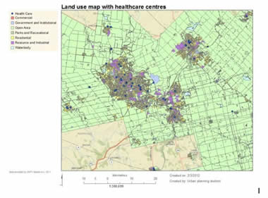 Land use map with health care centres.