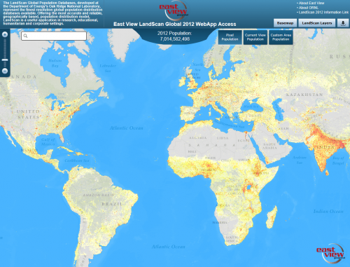 world map shows population distribution, using LandScan population data
