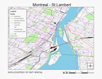 map shows roads, rail and parks in Montreal and St. Lambert