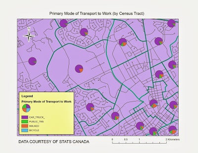 map of the University of Waterloo campus shows primary mode of transportation to work 